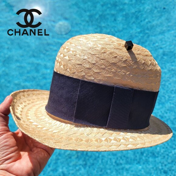 CHANEL Straw Hat Beige, Black Ribbon band, size 57, 7-1/8 US, 22.5 in. vintage - Picture 1 of 14